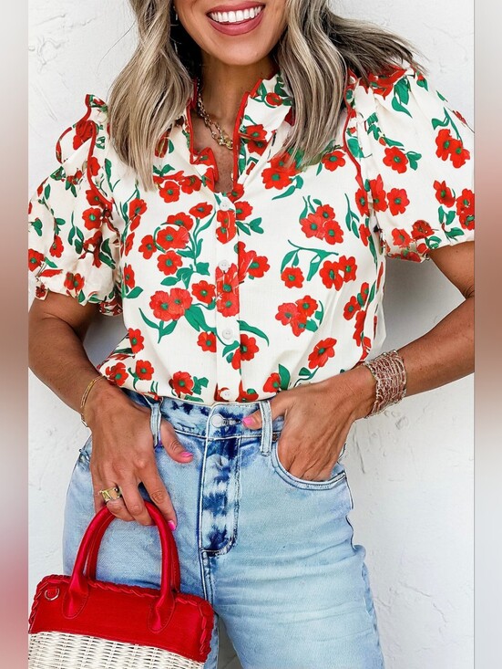entro Tops - ENTRO Floral Puff Sleeve Button-Front Top